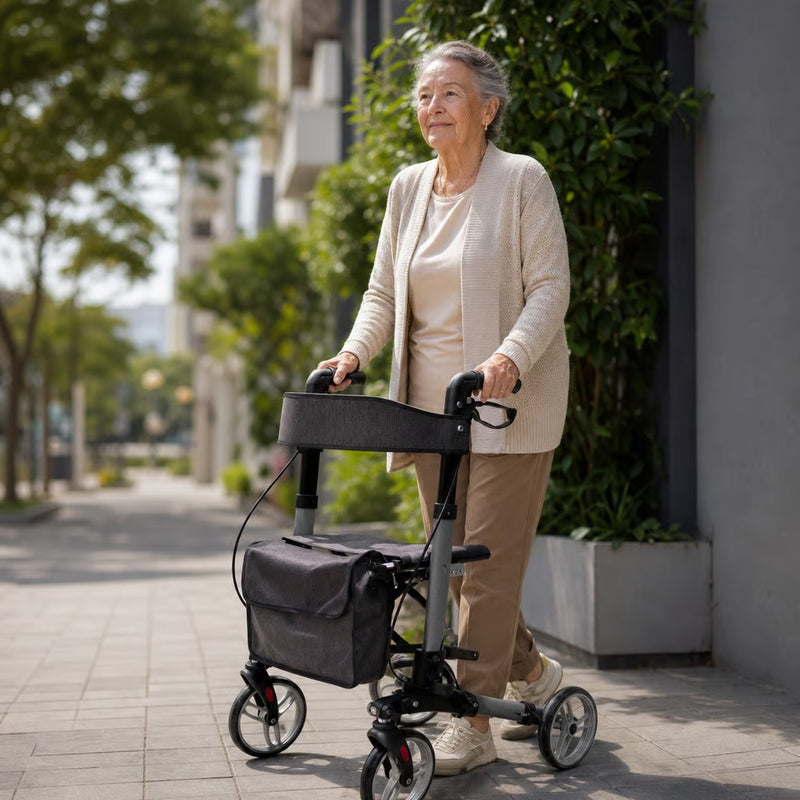 Caminador con ruedas plegable estilo europeo con asiento y bolso